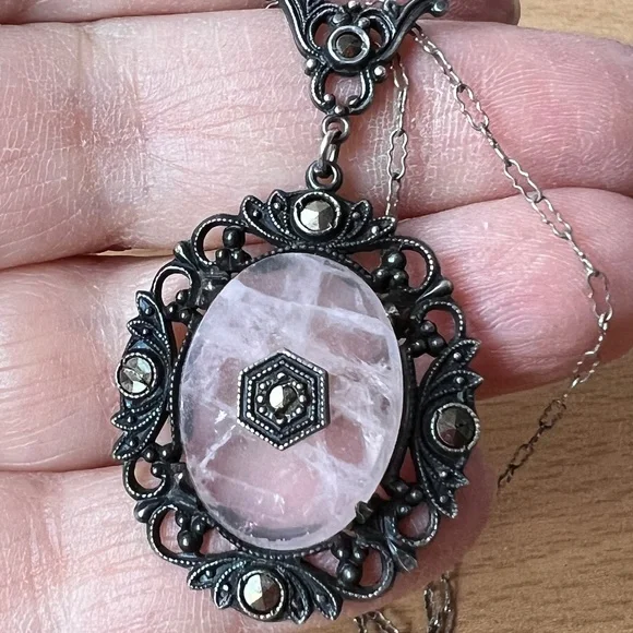 ANTIQUE ROSE QUARTZ MARCASITE STERLING SILVER NECKLACE PENDANT W/CHAIN GERMANY